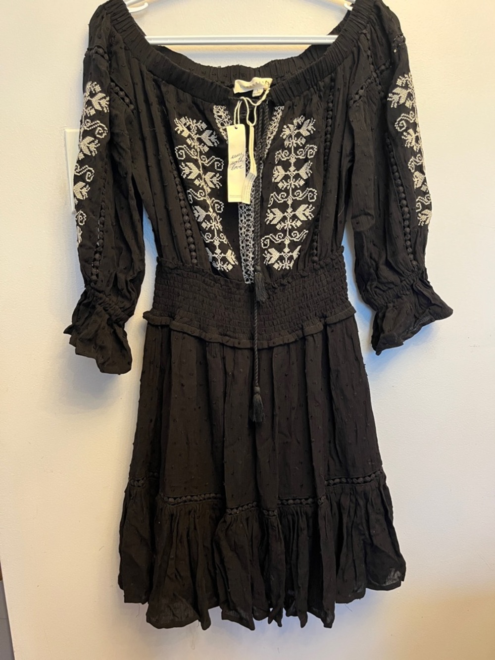 lovestitch Black Embroidered Peasant Long Sleeve Dress
